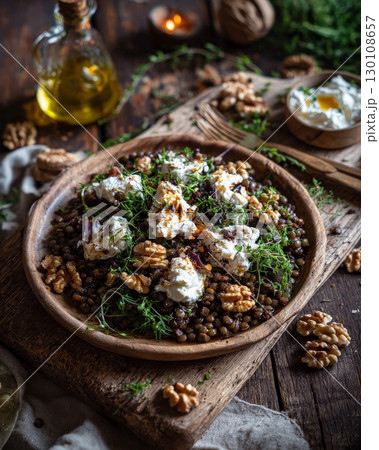 A rustic wooden plate with French lentil salad, topped with walnuts, herbs, and goat cheese, on a wooden table. 130108657
