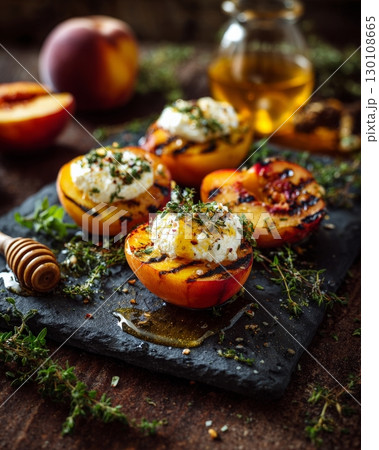 Grilled peaches topped with cream and herbs on a dark slate with honey and fresh thyme. Grilled peaches topped with cream and herbs on a dark slate with honey and fresh thyme. 130108665