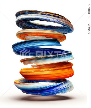 A vibrant swirl of multicolored paint strokes forming an abstract shape against a plain background. 130108697