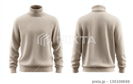 A beige wool sweater with a high collar and patterned texture, shown from the front and back. 130108698