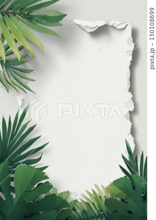 A blank piece of paper surrounded by green tropical leaves on a textured background. 130108699