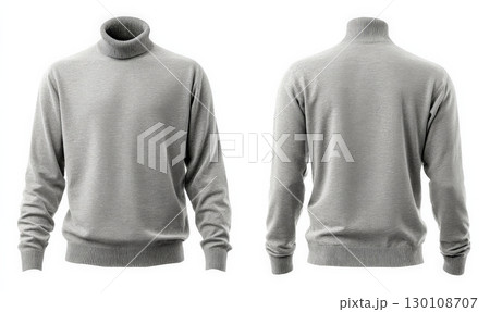 A gray wool turtleneck male sweater shown from the front and back. 130108707