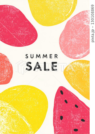 Colorful summer sale poster with abstract shapes resembling watermelons and citrus. 130108869