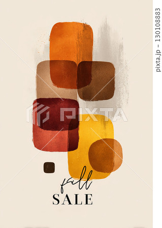 Abstract design with overlapping brown, orange, red, and yellow rectangles on a light background with 'Fall Sale' text. 130108883