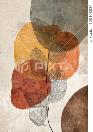 Abstract artwork with overlapping colored shapes and line-drawn leaves. Abstract artwork with overlapping colored shapes and line-drawn leaves. 130108884