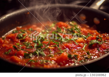 A steaming pan of fresh tomato sauce with herbs. 130108962