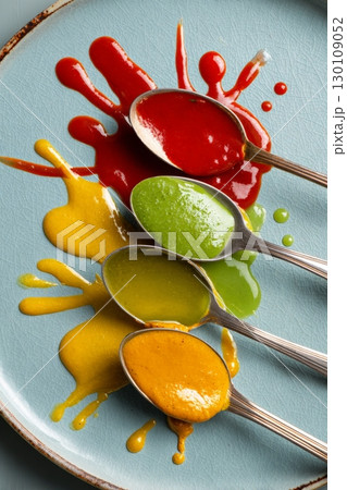 Four spoons on a plate, each with different colored sauces splattered underneath. 130109052