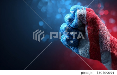 A clenched fist painted with the American flag colors of red, white, and blue, with stars visible on the knuckles, set against a blurred background of similar colors. Labor Day holiday conceptual 130109054
