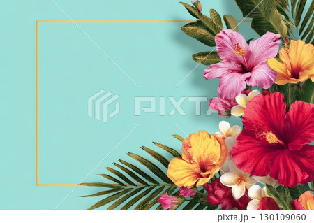 A vibrant floral arrangement with pink, red, and yellow flowers against a turquoise background, featuring tropical leaves and a gold-bordered frame. 130109060