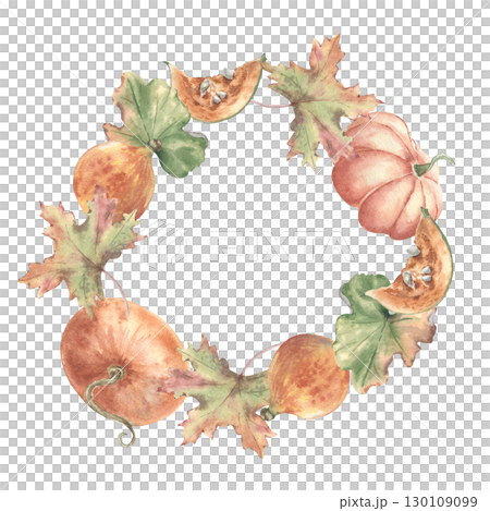 Vintage pumpkin wreath watercolor Illustration isolated. Whole and pieces pumpkins autumn foliage in muted orange green tones hand drawn. Farm fresh vegetables harvest on frame for Thanksgiving cards. Vintage pumpkin wreath watercolor Illustration isolated. Whole and pieces pumpkins autumn foliage in muted orange green tones hand drawn. Farm fresh vegetables harvest on frame for Thanksgiving cards. 130109099