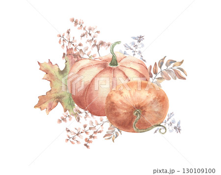 Orange pumpkins and abstract soft autumn wildflowers, branches watercolor illustration isolated. Delicate fall botanical sketch vegetables maple leaf hand painted. Pastel autumn wedding watercolor. Orange pumpkins and abstract soft autumn wildflowers, branches watercolor illustration isolated. Delicate fall botanical sketch vegetables maple leaf hand painted. Pastel autumn wedding watercolor. 130109100