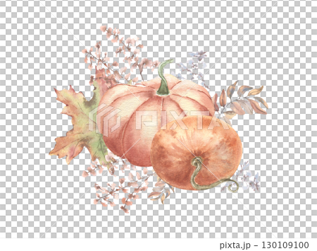 Orange pumpkins and abstract soft autumn wildflowers, branches watercolor illustration isolated. Delicate fall botanical sketch vegetables maple leaf hand painted. Pastel autumn wedding watercolor. 130109100