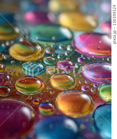 Colorful oil droplets floating on water, creating a vibrant and abstract pattern with circles of varying sizes. 130109124