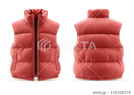 A red puffer vest with a high collar, shown from the front and back. 130109178