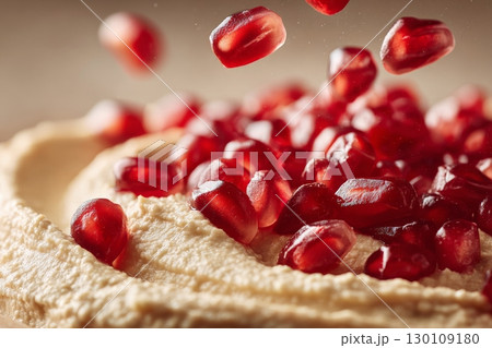 Pomegranate seeds fall onto a creamy hummus 130109180