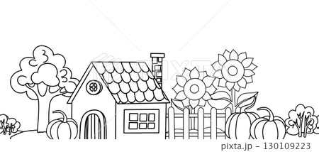 Coloring book. Seamless border with cute autumn house, pumpkins and sunflowers, vector illustration. Drawing for kids cartoon. Coloring book. Seamless border with cute autumn house, pumpkins and sunflowers, vector illustration. Drawing for kids cartoon. 130109223