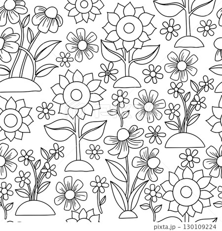 Coloring book. Seamless pattern of sunflowers and autumn flowers vector drawing. Illustration for children, cartoon Coloring book. Seamless pattern of sunflowers and autumn flowers vector drawing. Illustration for children, cartoon 130109224