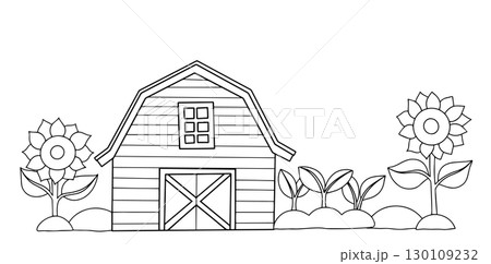 Coloring book. Vector frame with farm barn, sunflowers and plants. Children's illustration, cartoon. Coloring book. Vector frame with farm barn, sunflowers and plants. Children's illustration, cartoon. 130109232