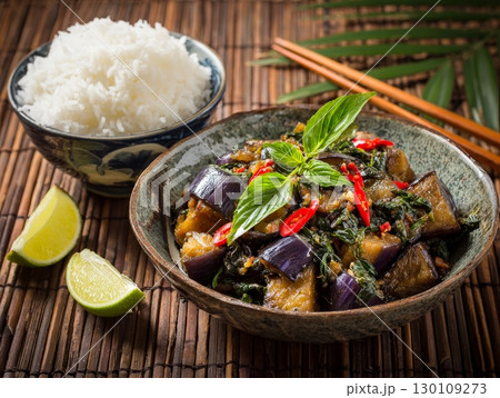 A plate of spicy eggplant stir-fry with red chili peppers, accompanied by a serving of white rice and garnished with lime and fresh herbs. A plate of spicy eggplant stir-fry with red chili peppers, accompanied by a serving of white rice and garnished with lime and fresh herbs. 130109273