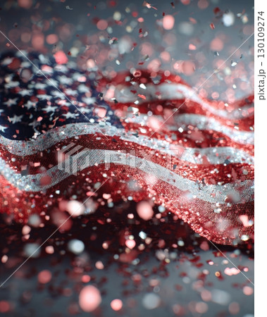 An American flag against a background of colorful, sparkling confetti and a dark backdrop. An American flag against a background of colorful, sparkling confetti and a dark backdrop. 130109274