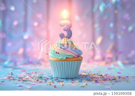 Colorful cupcake with a number 3 candle on top, surrounded by confetti and soft bokeh lighting. 130109308