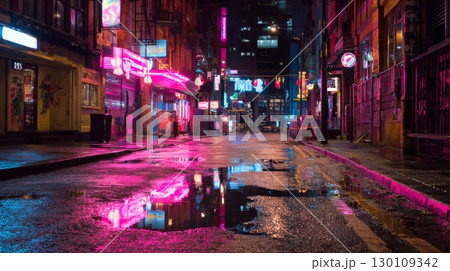 A neon-lit street at night with reflections in puddles, surrounded by buildings with signs and lights. 130109342