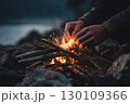 A person is starting a campfire with sticks and a flame. 130109366