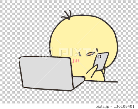 パソコン作業しないでスマホを触るヒヨコ パソコン作業しないでスマホを触るヒヨコ 130109401
