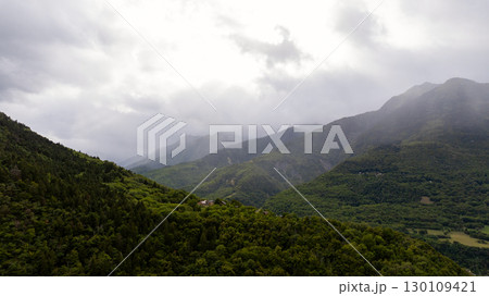 Dark green forested slopes lead to misty mountain peaks in the French Alps, creating a dramatic and moody landscape 130109421