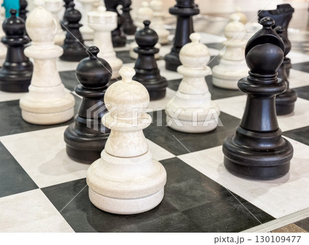 Large chess pieces on outdoor board arranged for a game. Strategy, logic, and intellectual challenge in symbolic black and white setting. Large chess pieces on outdoor board arranged for a game. Strategy, logic, and intellectual challenge in symbolic black and white setting. 130109477