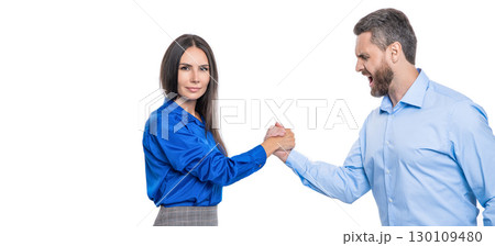 two businesspeople competing in arm wrestling isolated on white. confrontation in office. business competitors doing arm wrestling. competition for leadership. business competition. copy space two businesspeople competing in arm wrestling isolated on white. confrontation in office. business competitors doing arm wrestling. competition for leadership. business competition. copy space 130109480