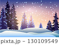 A serene winter landscape features tall evergreen trees dusted with snow under a sky filled with softly falling snowflakes. The scene captures the essence of Christmas tranquility at dusk 130109549