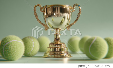 Golden trophy surrounded by tennis balls celebrating victory in sports Golden trophy surrounded by tennis balls celebrating victory in sports 130109569