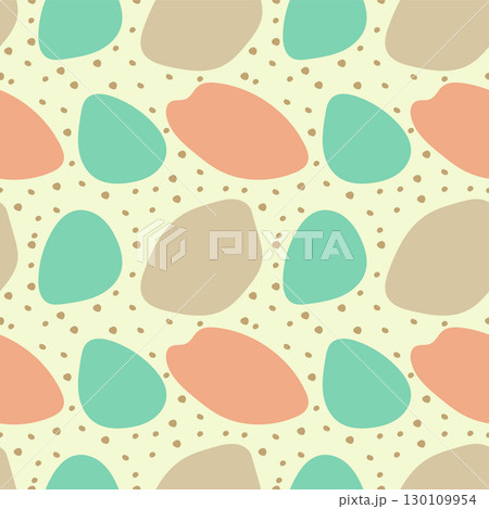 Seamless pattern with abstract multicolored spots on a pale yellow background, simple children's vector illustration. Colorful print can be used for textile, fabric, wrapping, wallpaper etc. Seamless pattern with abstract multicolored spots on a pale yellow background, simple children's vector illustration. Colorful print can be used for textile, fabric, wrapping, wallpaper etc. 130109954