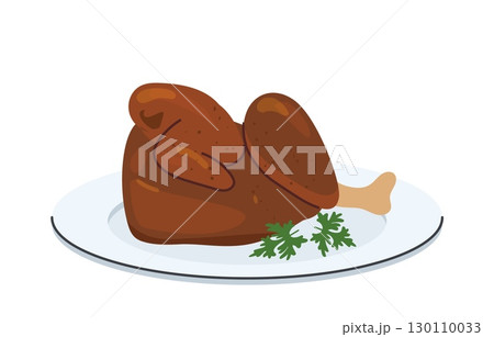 Traditional Oktoberfest roasted half chicken served on plate with garnish flat style food icon 130110033
