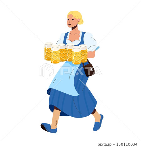 Smiling woman in traditional Bavarian dress carrying multiple beer mugs isolated on white festive Oktoberfest celebration concept Smiling woman in traditional Bavarian dress carrying multiple beer mugs isolated on white festive Oktoberfest celebration concept 130110034