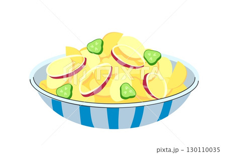 Traditional Bavarian potato salad with cucumber and red onion rings served in striped bowl isolated on white background 130110035