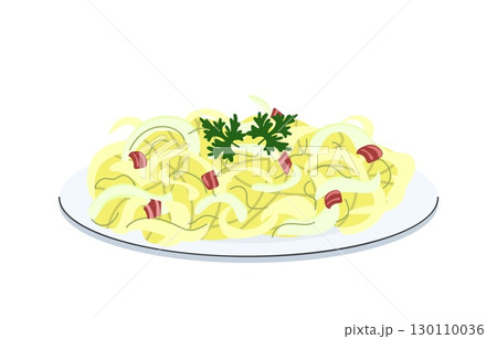 Traditional Bavarian sauerkraut with bacon onion and parsley garnish on white plate isolated on white background Traditional Bavarian sauerkraut with bacon onion and parsley garnish on white plate isolated on white background 130110036