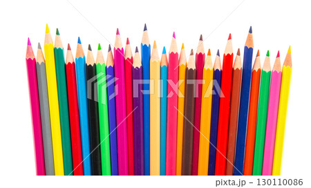 A vibrant row of sharpened colored pencils in various hues A vibrant row of sharpened colored pencils in various hues 130110086