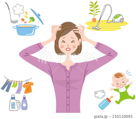 家事と育児で頭を抱える主婦 母親 家事と育児で頭を抱える主婦 母親 130110093