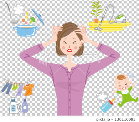家事と育児で頭を抱える主婦 母親 家事と育児で頭を抱える主婦 母親 130110093