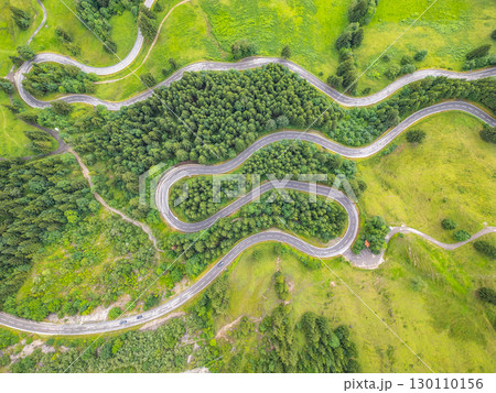 Serpentine roads wind through vibrant green landscapes in the Alps, showcasing the beauty of nature and the excitement of a scenic road trip. Perfect for adventurous journeys. 130110156