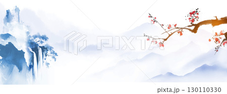Minimalist blue ink landscape with misty mountains, waterfall, and sakura blossom on white background. Translation of hieroglyph - zen 130110330