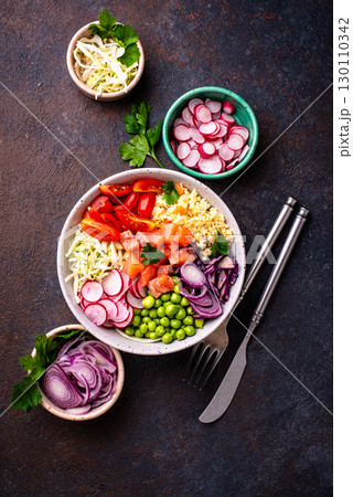Balanced healthy bowl with vegetables and salmon Balanced healthy bowl with vegetables and salmon 130110342