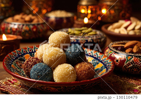 Eastern sweets and nuts are laid out on beautiful plates on the festive table. Diwali celebration. Indian New Year. 130110479