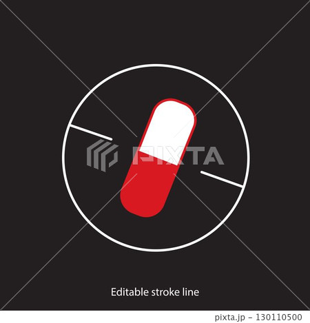 No pills symbol or icon. Vector stock illustration isolated on black background for design template medical, pharmacy, hospital, healthy bio shop concept web and print material. Editable stroke line. No pills symbol or icon. Vector stock illustration isolated on black background for design template medical, pharmacy, hospital, healthy bio shop concept web and print material. Editable stroke line. 130110500