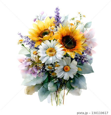 Watercolor flower bouquet with sunflowers, daisies and lavender perfect for wedding invitations Watercolor flower bouquet with sunflowers, daisies and lavender perfect for wedding invitations 130110617