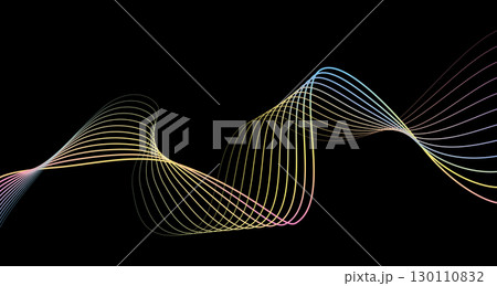 Futuristic geometric abstract shapes neon halftone smooth wavy lines. Vector of gradient curved stripes on black background. Modern design for equalizer, audio recording, digital art. 130110832