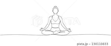 Woman practicing yoga and meditation one continuous line. Girl sitting in lotus pose in one line style. Fitness and women sport concept. Vector illustration. 130110833