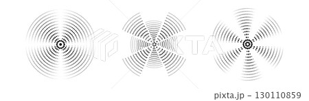 A set of black sound wave rings, of interrupted lines and dots . Rings with radial lines. Target icon, epicenter.  Concentric vortex circles. Vector illustration 130110859